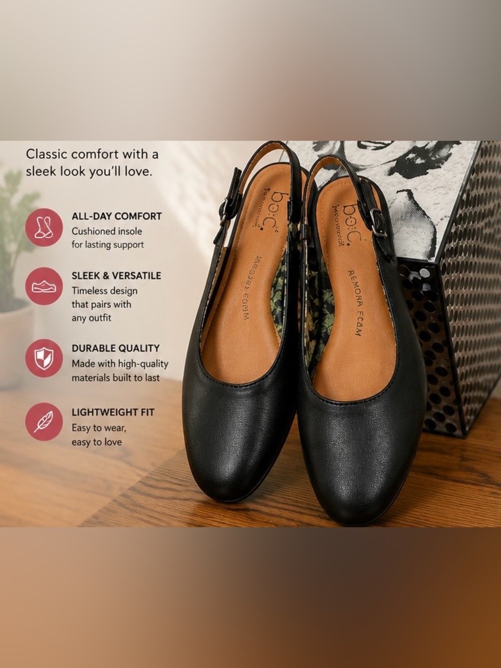 b.o.c. Born Concept Black Slingback Flats Women’s 9 Memory Foam Comfort Shoes